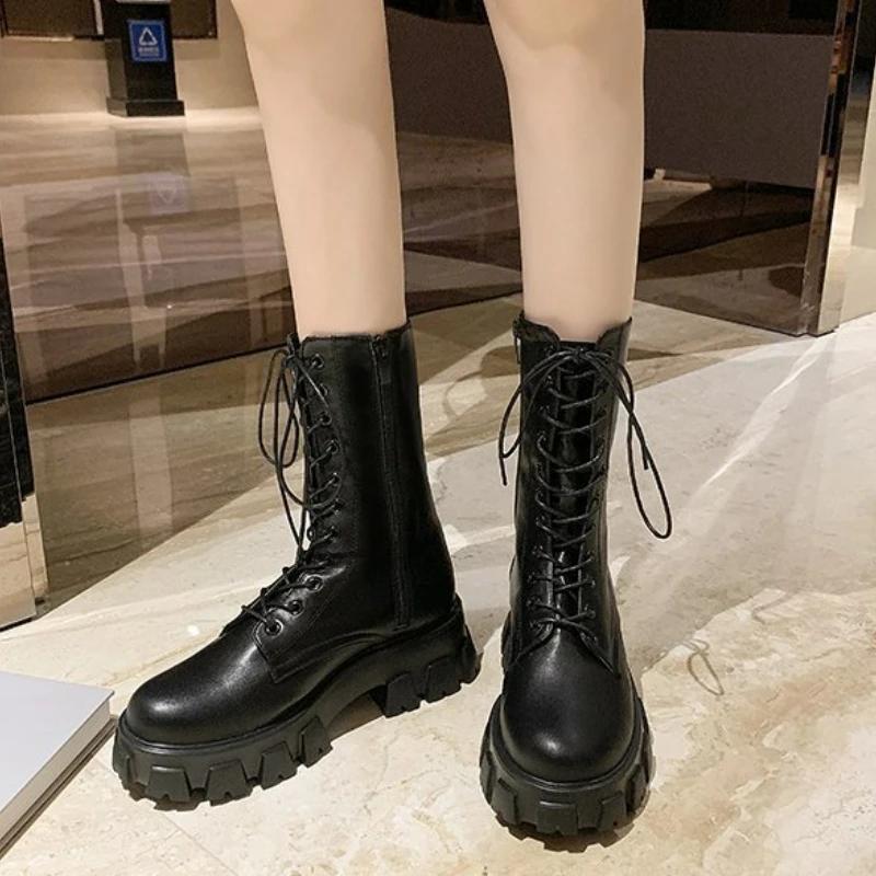 Fashion New Mid Calf Boots Women Autumn Winter Fashion Lace-up Ladies Chelsea Zipper Botas Mujer Boots Sports Platform Heel Ladies Shoes