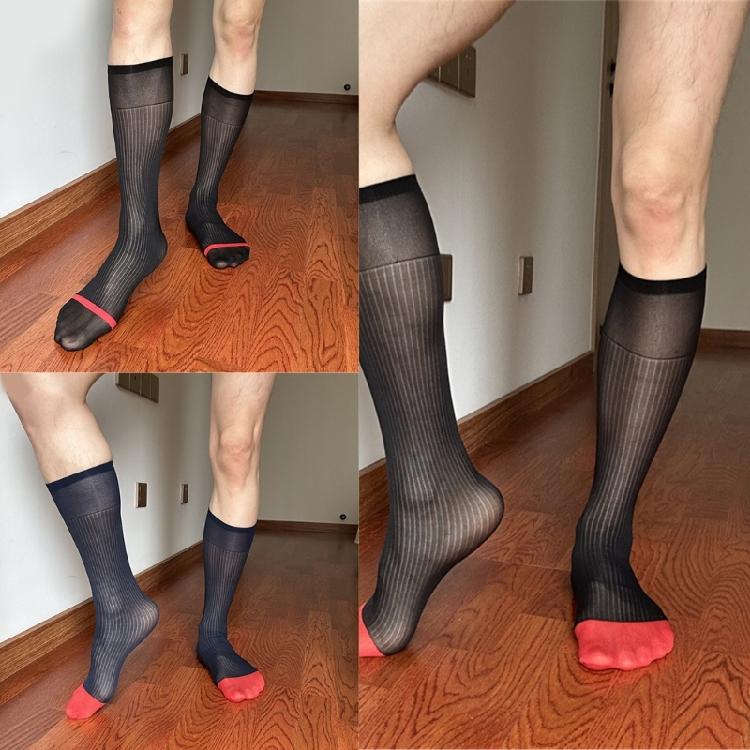 Chaussettes pour homme à rayures contrastées, transparentes, style costume, haute élasticité, confortables, respirantes, ultra fines, au-dessus du mollet, pour le travail