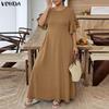 VONDA Summer Women O Neck Ruffled Short Sleeve Casual Pleated Maxi Dress Robes