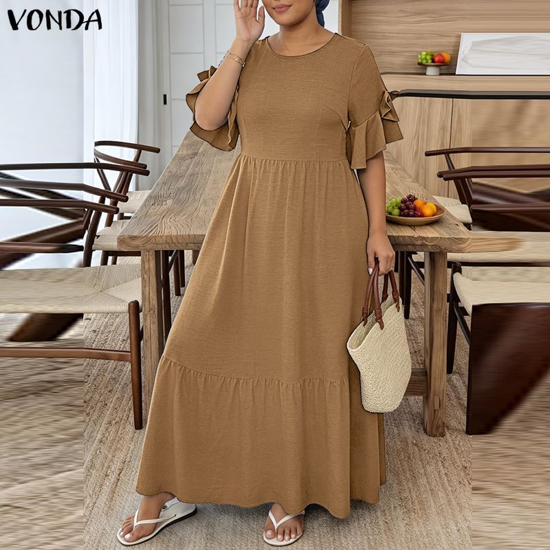 VONDA Summer Women O Neck Ruffled Short Sleeve Casual Pleated Maxi Dress Robes