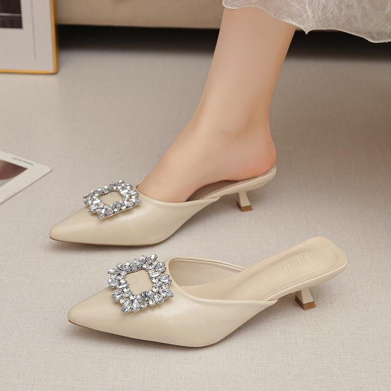 Fashion Pointed Toe Shallow Slip Rhinestone Square Buckle Stiletto Heel Semi-drag Women's Fashion Non-Slip Wear-Resistant Wrapped