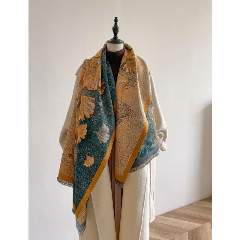 Autumn and winter new oil painting style double-sided jacquard scarf women's high-end sense versatile shawl scarf thickened warm scarf