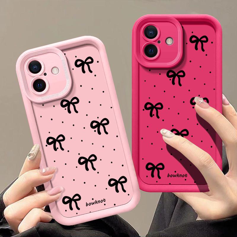 Black Bowknot Print TPU Soft Case For iPhone 16 Pro Max 15 Pro 14 13 12 11 XR XS 8 7 Lens Protection Shockproof Matte Phone Cover