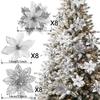 6-24 Stück 15cm Künstliche Weihnachtsblumen mit Clips Stielen, Weihnachtsbaumschmuck Glitzerblume für Girlande Neujahrsparty Dekoration