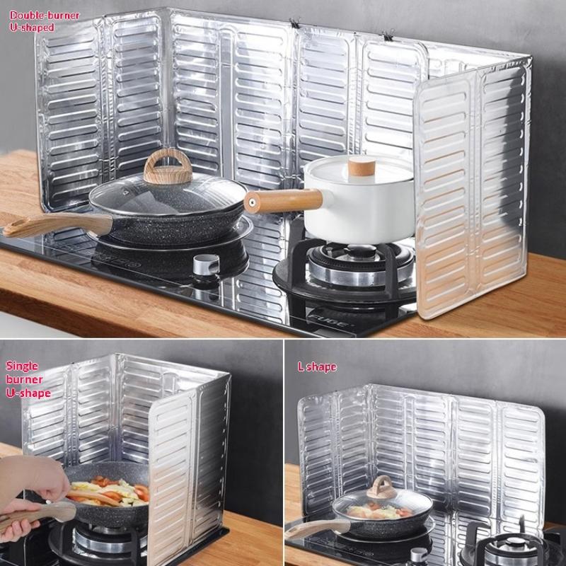 Gas Stove Foldable Aluminum Foil Anti-Splash Baffle, Heat Insulation Oil Splatter Guard With Overflow Protection For Kitchen Coo