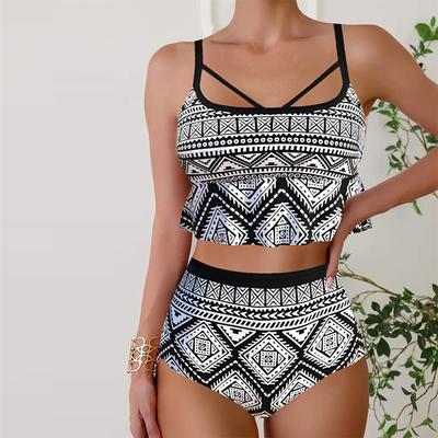 Women's Swimwear Tankini 2 Piece Swimsuit Black Diamond Lines Print Vacation Bathing Suits