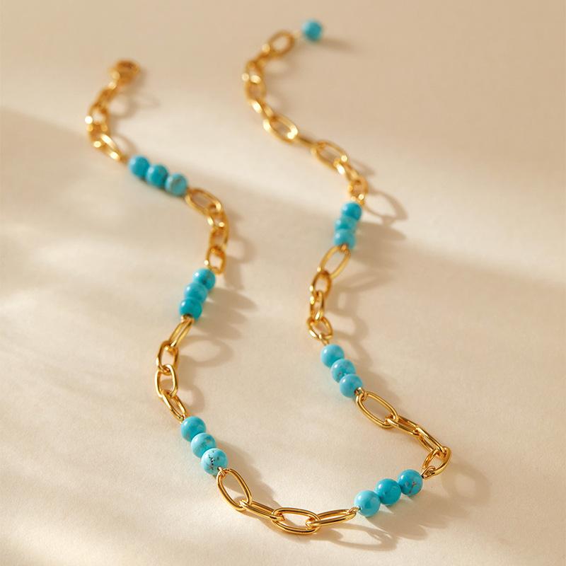 Gold Plated Chunky Paperclip Chain Turquoise Bead Station Necklace