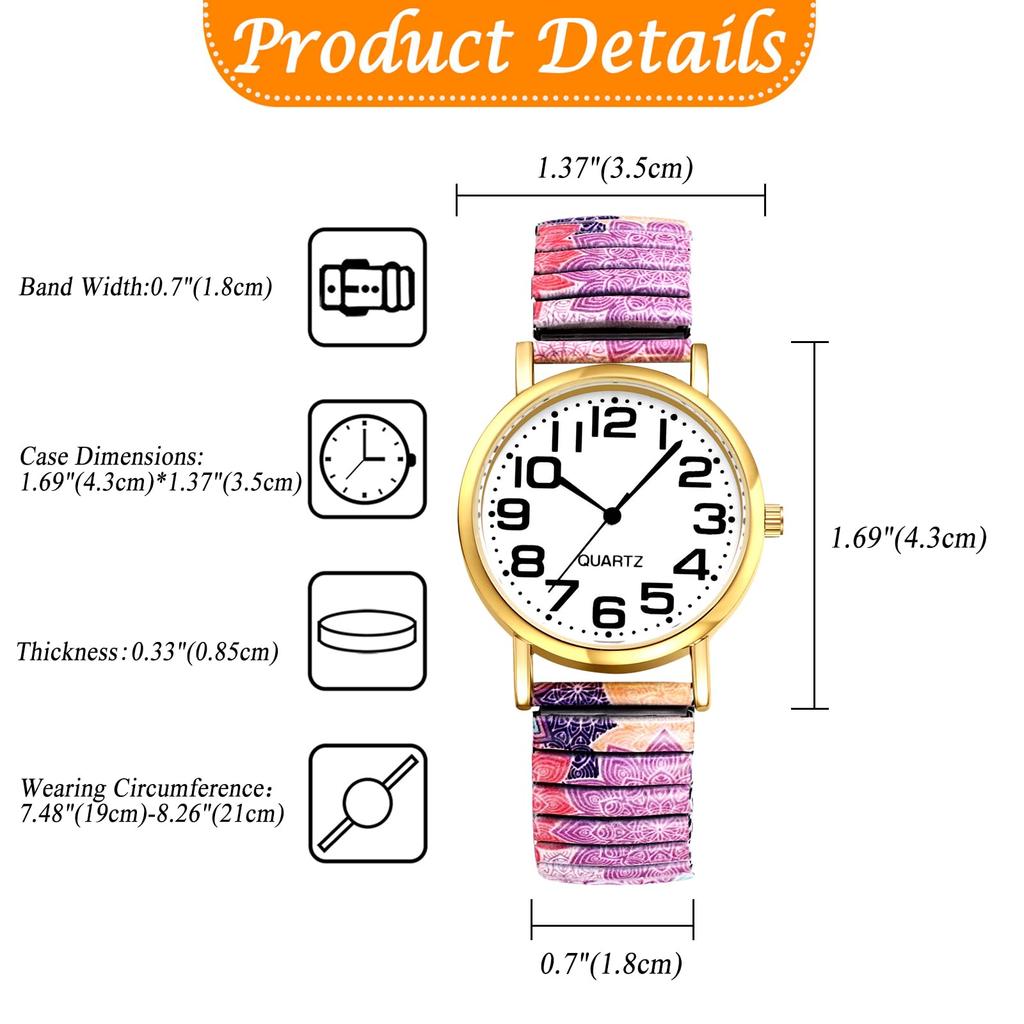 Women's Bohemian Watch with Elastic Strap and Arabic Numerals: One Size Fits Most, Floral Print, Waterproof Quartz Watch with Stretchable Stainless