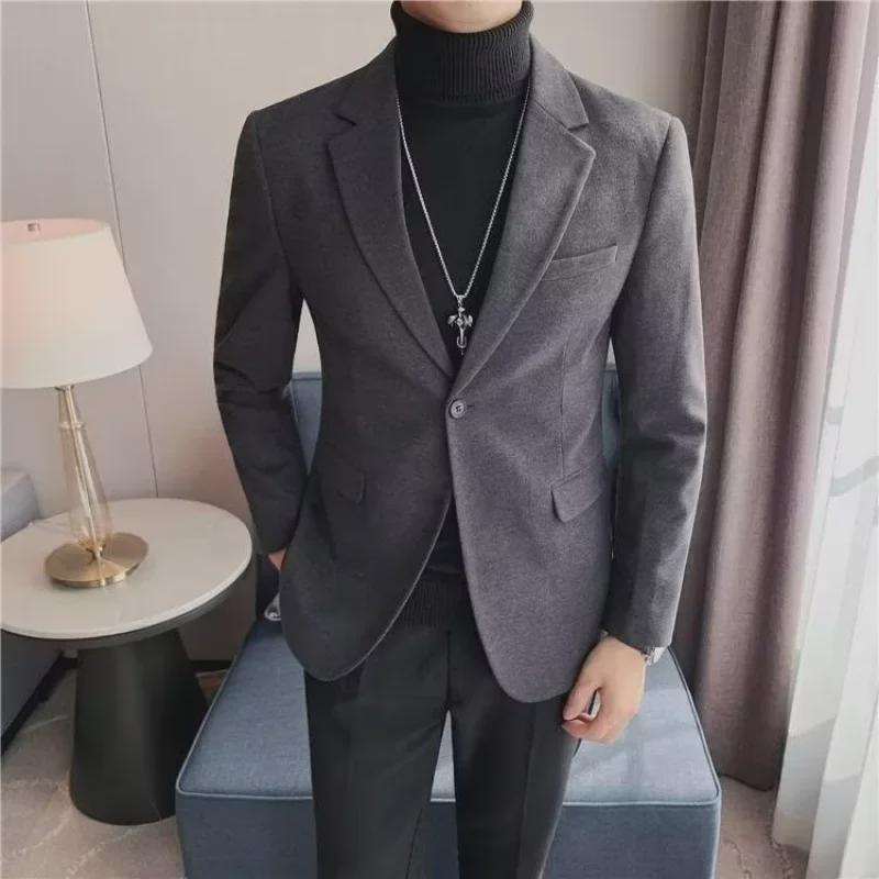 2024 Men's Woolen Suit: Autumn/Winter Fashion Casual Solid Color Jacket
