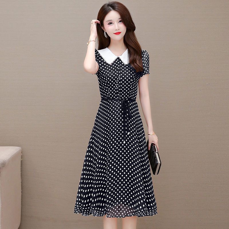 

Women s Korean-Style Fashion Elegant Slim-Fit A-Line Dress Polka Dot Printed Short-Sleeve One-Piece Dress L чорний