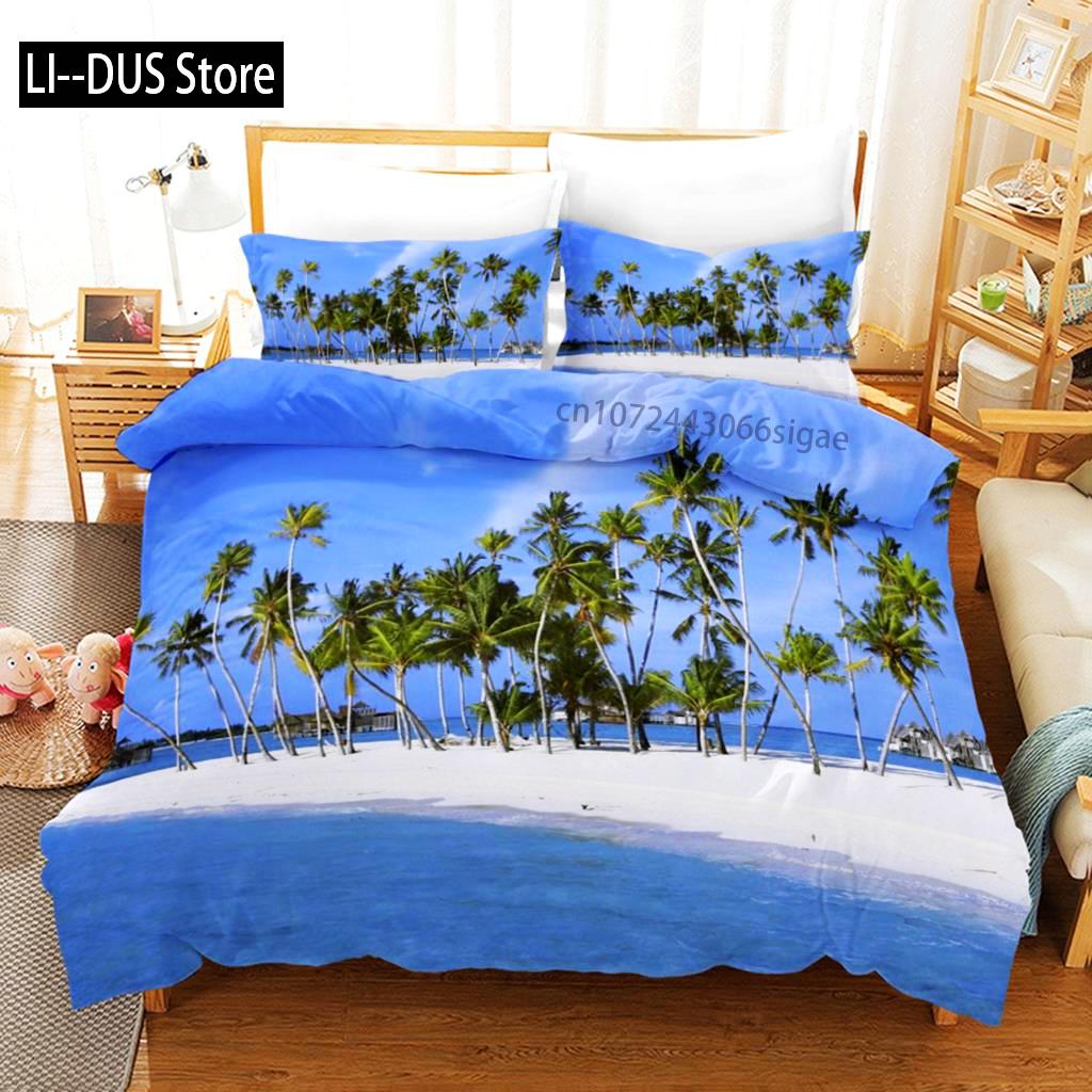 Plaj Yorgan Kılıfı Takımı Yaz Plaj Dekoru Hawaii Tatil Stili Yatak Takımı Polyester Palmiye Ağacı Tropikal Doğa Deniz Yorgan Kılıfı