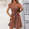 Ethnic Pattern Belted Three Quarter Sleeve Women's Dress