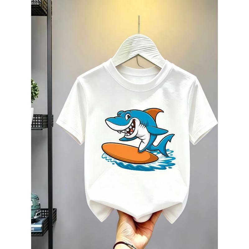 Kids Cotton Crewneck Short Sleeve T-Shirt, Creative Blue Surfing Cartoon Shark Print 110 белый