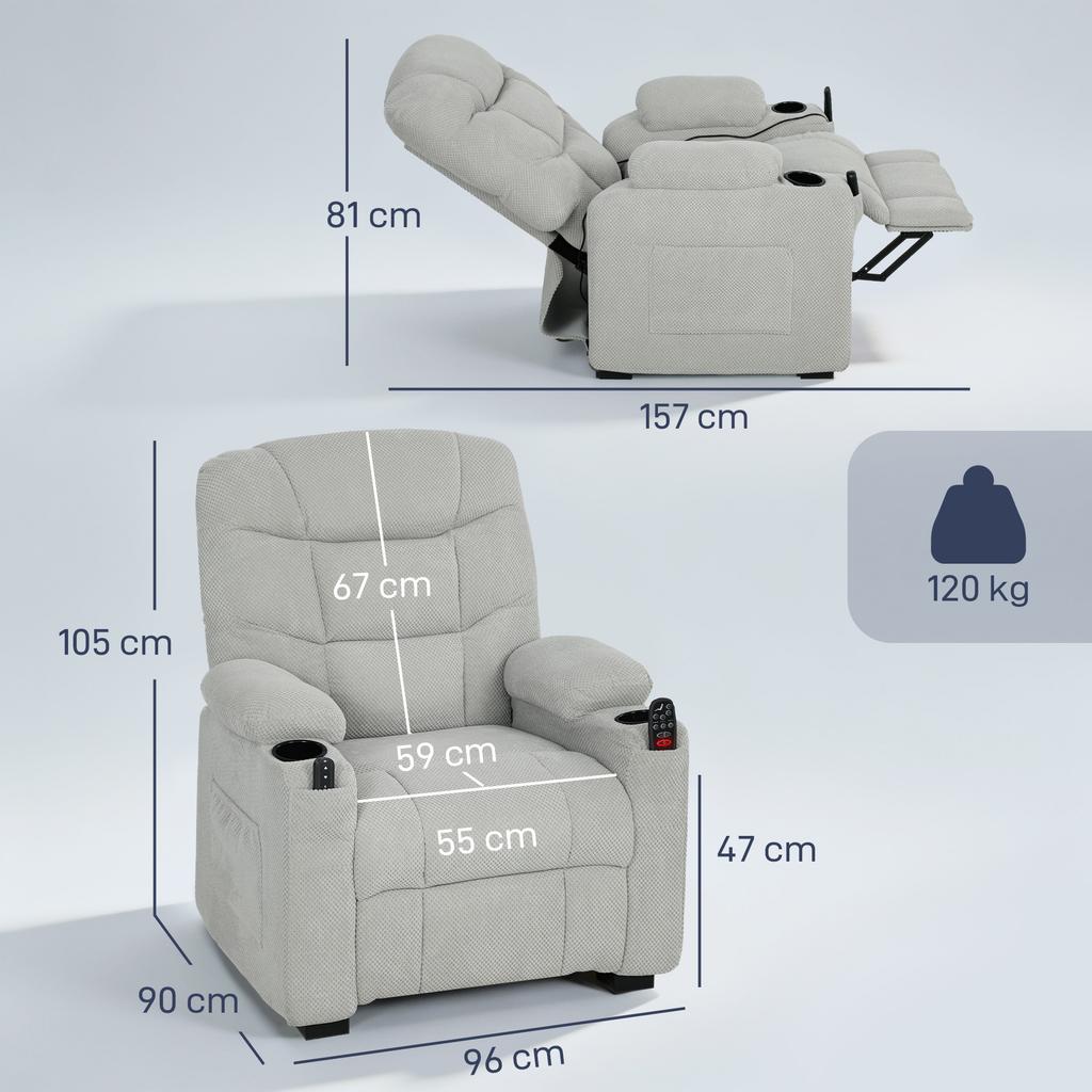 Electric Massage Recliner Armchair with Vibration, Heat, Whisper-Quiet Motor, Memory Function, Fleece Power Reclining Chair with Spring Pack
