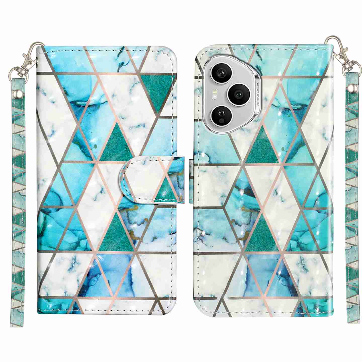 

Для Honor 400 Pro 5G (Глобальный) Чехол-кошелек из кожи с 3D-печатью и ремешком Green Marble