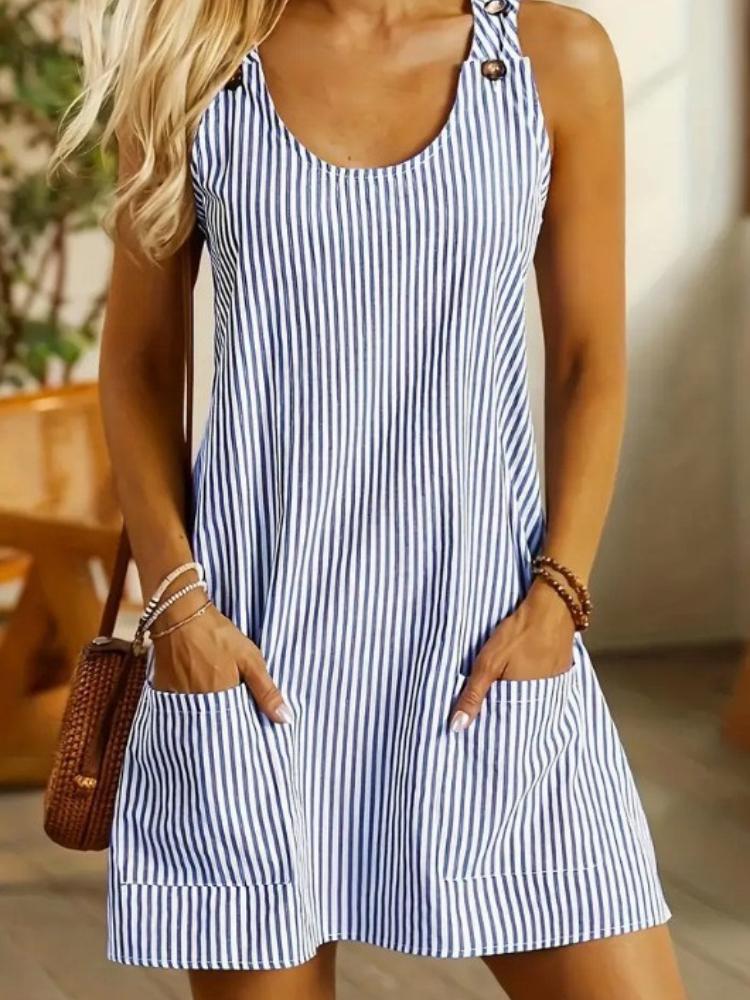 

Women s Sleeveless Striped Dress with Pockets, Button Detail, Round Neck, Casual Summer Dress XXXL королівський синій колір