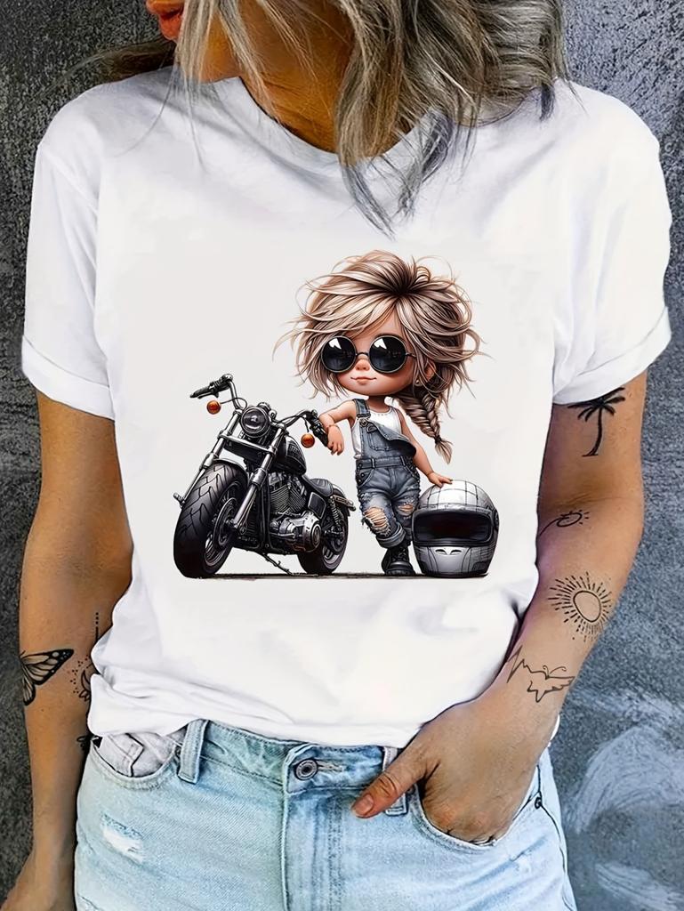 Retro Motorrad Grafik T-Shirt für Damen Elegantes Süßes Design Rosa Frau Kurzarm Print Tee Sommer Rundhals Lässige Tops