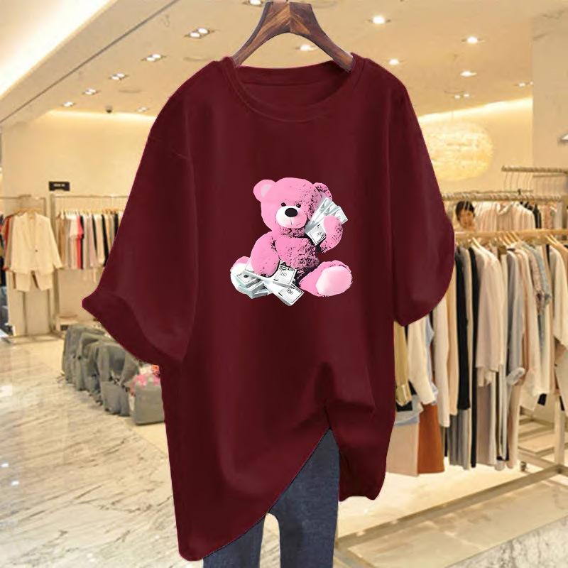 Bear print cotton short-sleeved t-shirt for women's summer new loose round neck medium and long top for women
