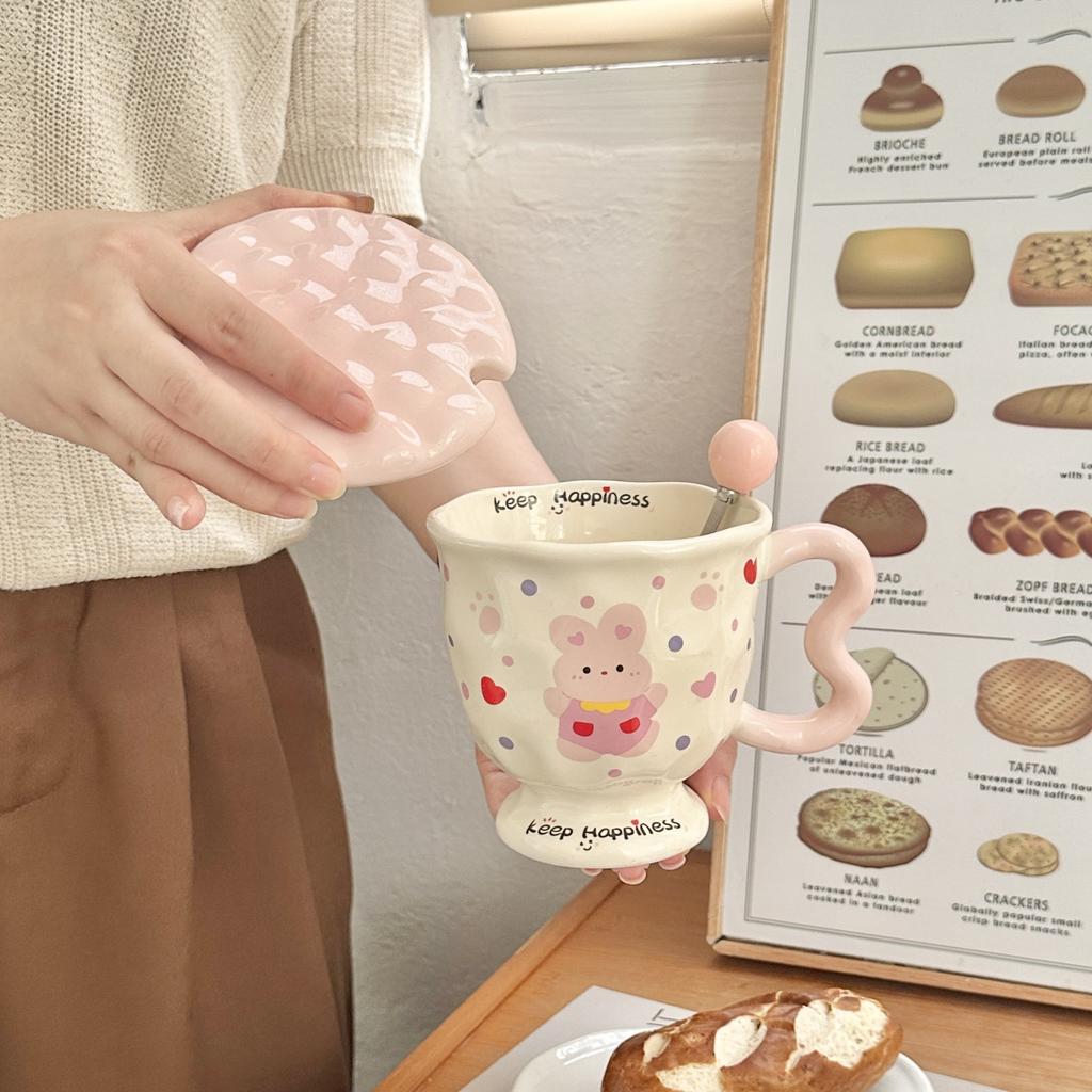 Niedliches Cartoon-Punkte-Welpen-Paar Wasserbecher Hochwertige Keramiktasse mit Deckel Löffel Zum Verschenken an Mädchen Geburtstagsgeschenk