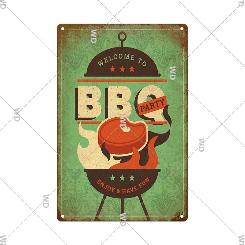 Dad's BBQ Party Metal Tin Plaque Retro Tin Signs Barbecue Rules Slogan Plate Vintage Grill Poster Yard Garden Kitchen Wall Decor