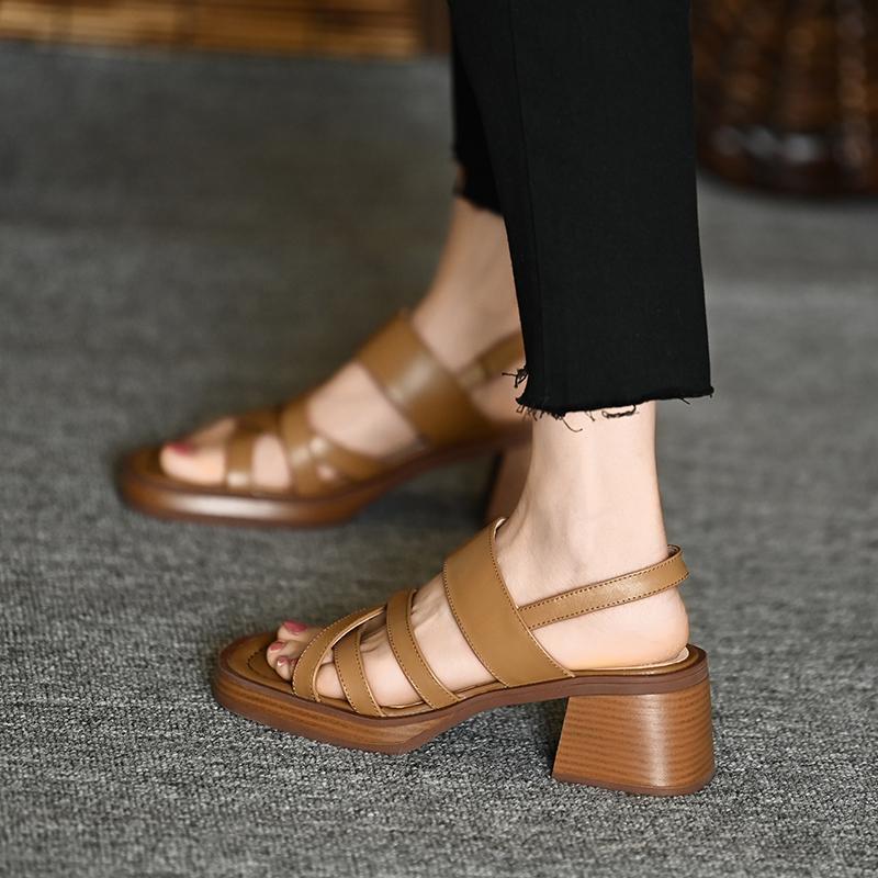 Vintage French open-toed thick-heeled sandals women's summer mid-heeled platform women's shoes commuting word with Roman high heels