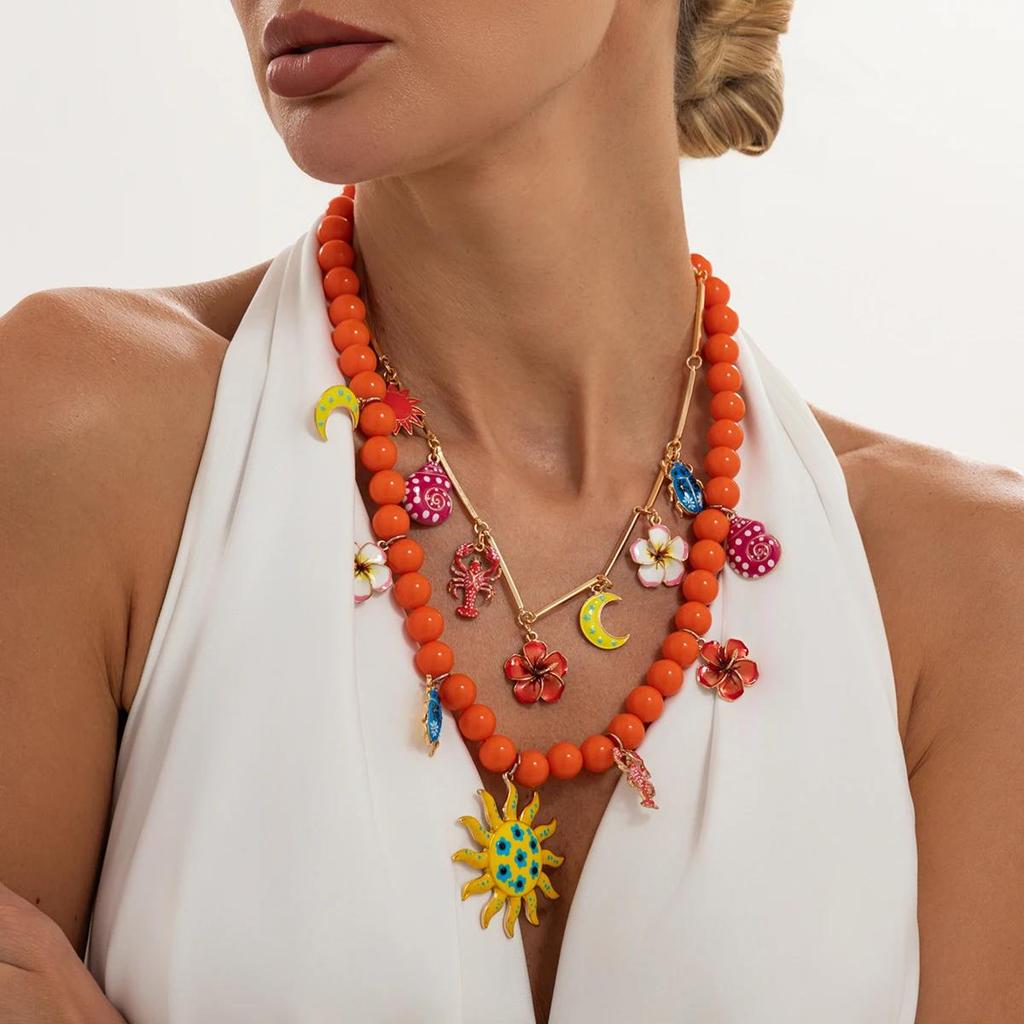 New 2Pcs/Set Bohemia Oil Dripping Flower Pendant Necklace for Women Summer Beach Resin Beads Necklace Y2K Jewelry Gifts New