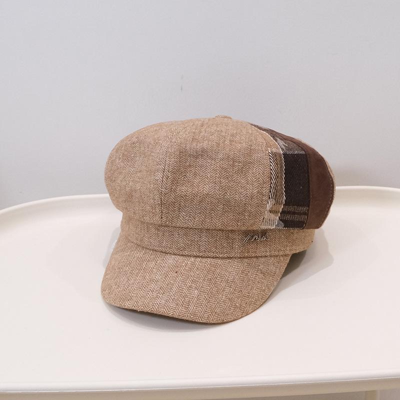 Autumn and winter color matching retro British style cap women's fashion simple casual versatile temperament octagonal hat tide