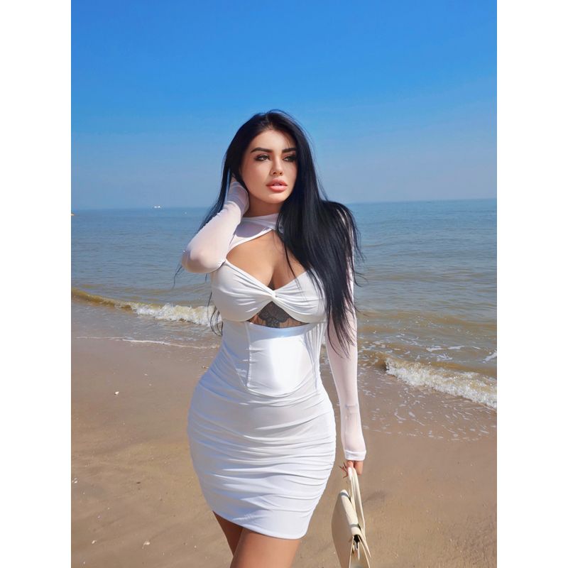 

La Pinky [Heartbeats] Sexy Sexy Asymmetrical Hollow-out Mesh Stitching Long Sleeve Narrow Dress Temperament White L