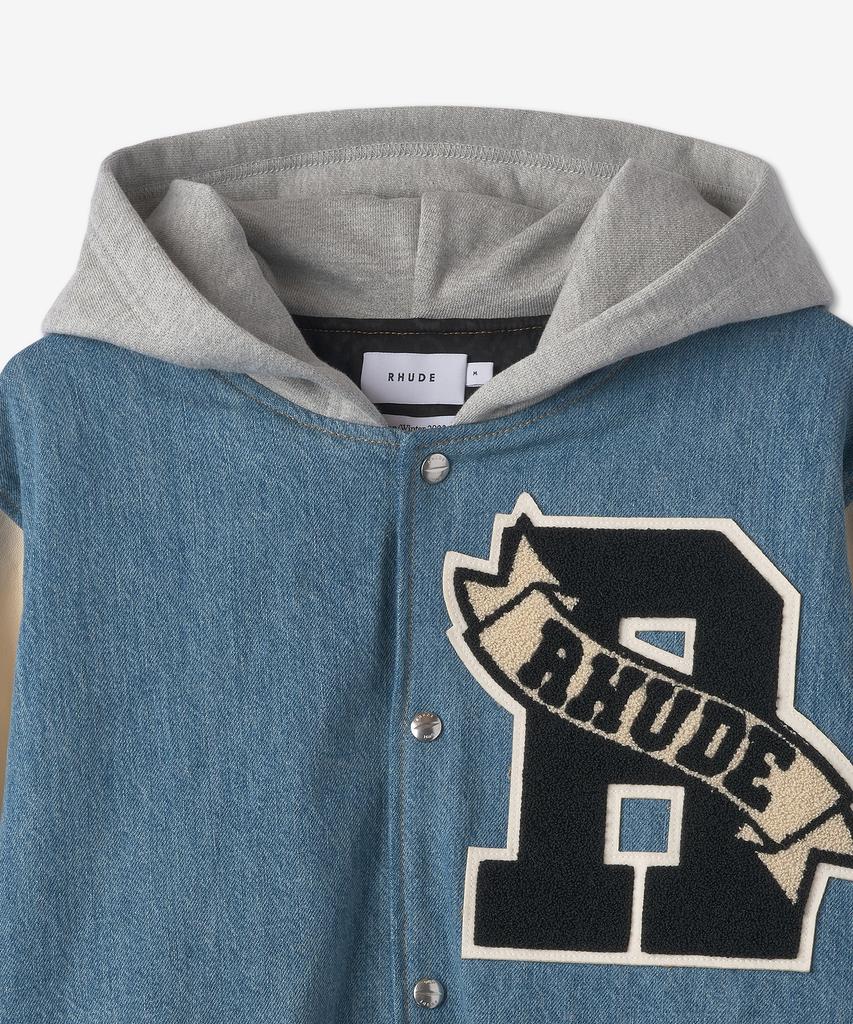 Lude Washed Denim Hooded Varsity Jacket - Indigo:Cream / Rhfw22Ja406240501050
