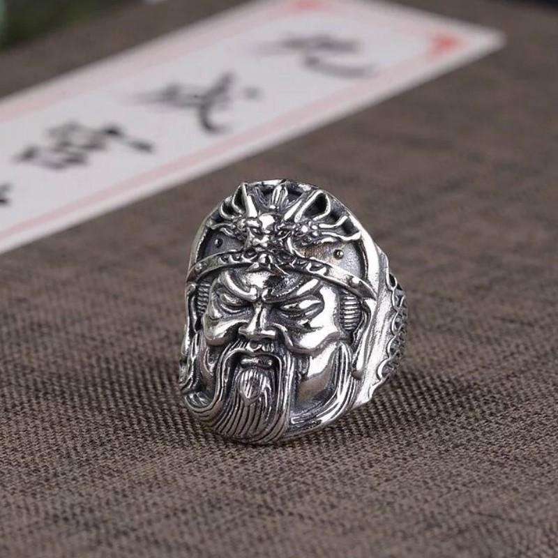 Adjustable Open Ring Men Women Plated Guan Yu Warrior Design Vintage Style Statement Jewelry Gift