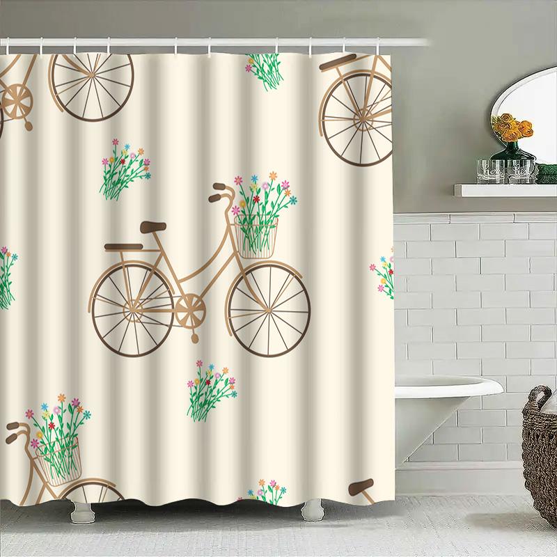 Creative Floral Bicycle Shower Curtain Home Decor For Bathroom Various Sizes Available (White)