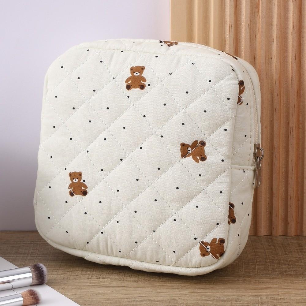 Cute Quilted Sanitary Napkin Organizer Bag Cotton Large Capacity Women's Mini Clutch Bag Zipper Keychain Earphone Coin Purse