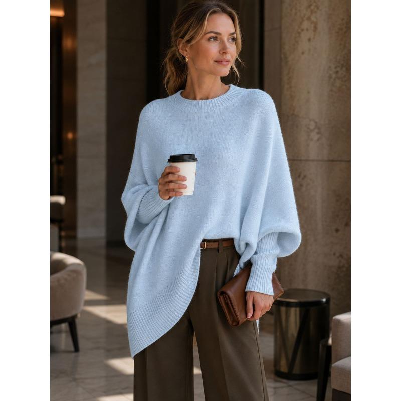 Autumn and winter crew neck pullover knitted sweater women's loose lazy style solid color women's sweater