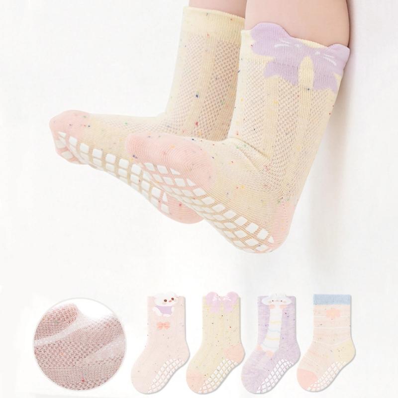 4Pairs/Set Baby Floor Socks Summer Thin Mesh Breathable Anti Slip Grip Toddler Socks Soft Cotton Newborn Kids Socks For Baby