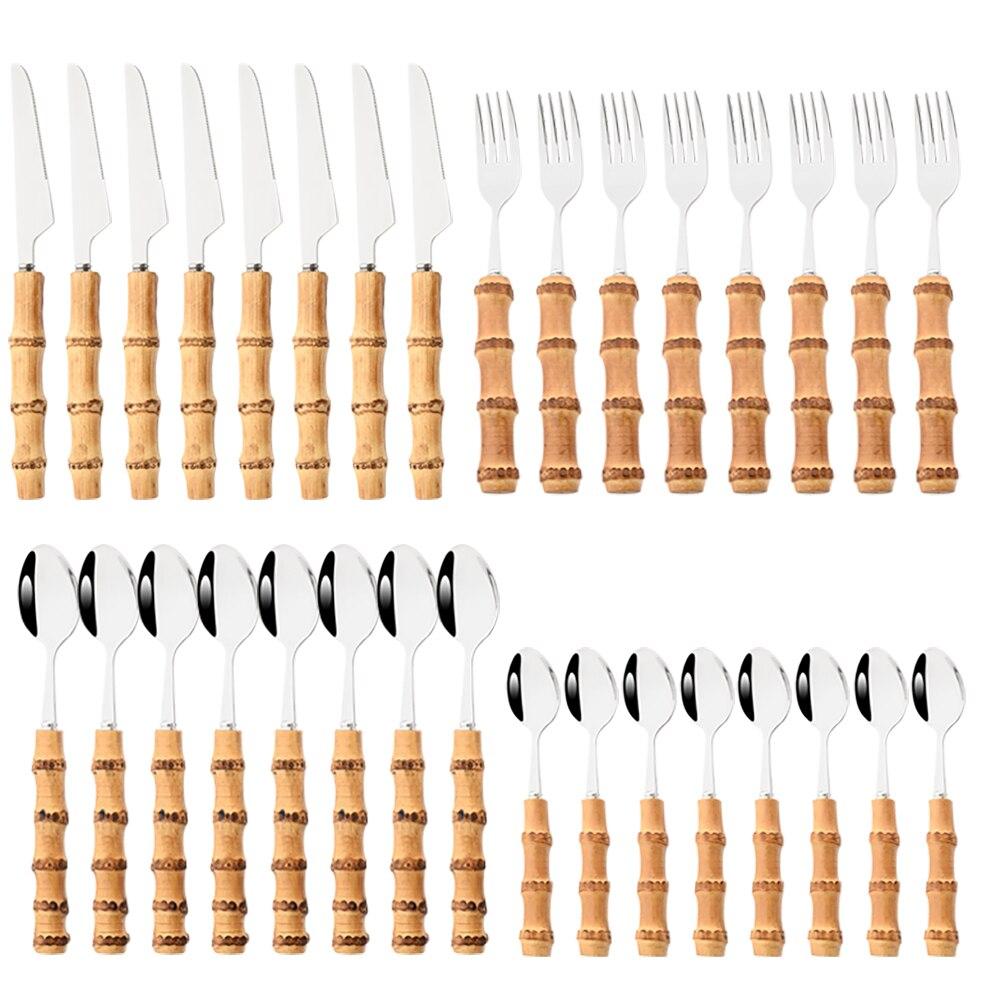 

32 шт. золотой набор столовых приборов, столовые приборы из нержавеющей стали, набор столовых приборов с ручкой из натурального бамбука, обеденный нож, вилка, ложка, набор столовой посуды серебряный