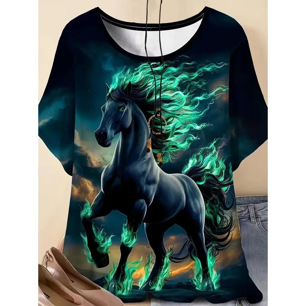 Cute Fun Animal 3D Printed Short Sleeved T-shirt Fashionable Comfortable Soft Breathable Large Loose Summer Womens T-shirt