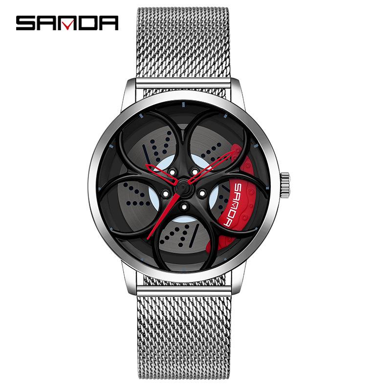 Sanda Men's Fashion Quartz Watch, Mesh Strap, Waterproof, Outdoor Casual, Hollow Wheel Dial.