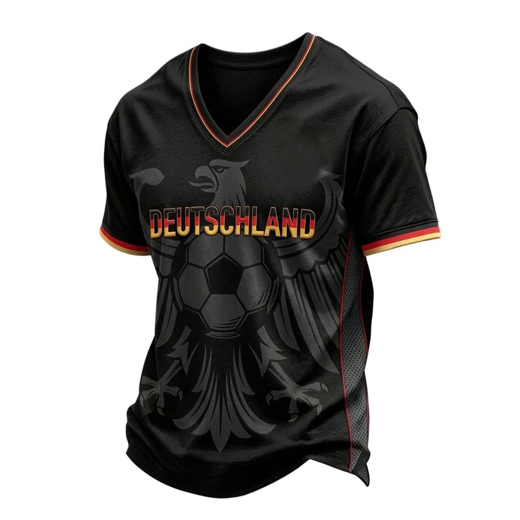 Men's Classic V Neck Short Sleeve T Shirt Featuring Football Graphic and Deutschland Print Suitable for Casual Wear and Sports Activities