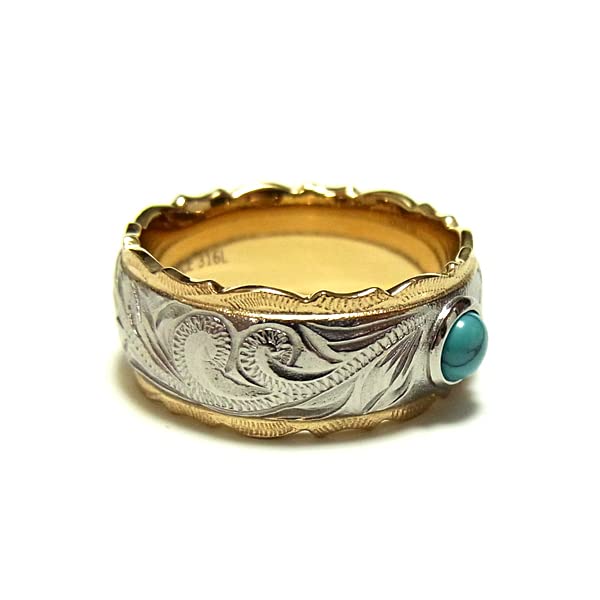 July Hawaiian Jewelry Ring with Turquoise Stone, Men's and Women's, Gift, Brand Name, Hypoallergenic, Surgical Stainless Steel, Size 19, Gold