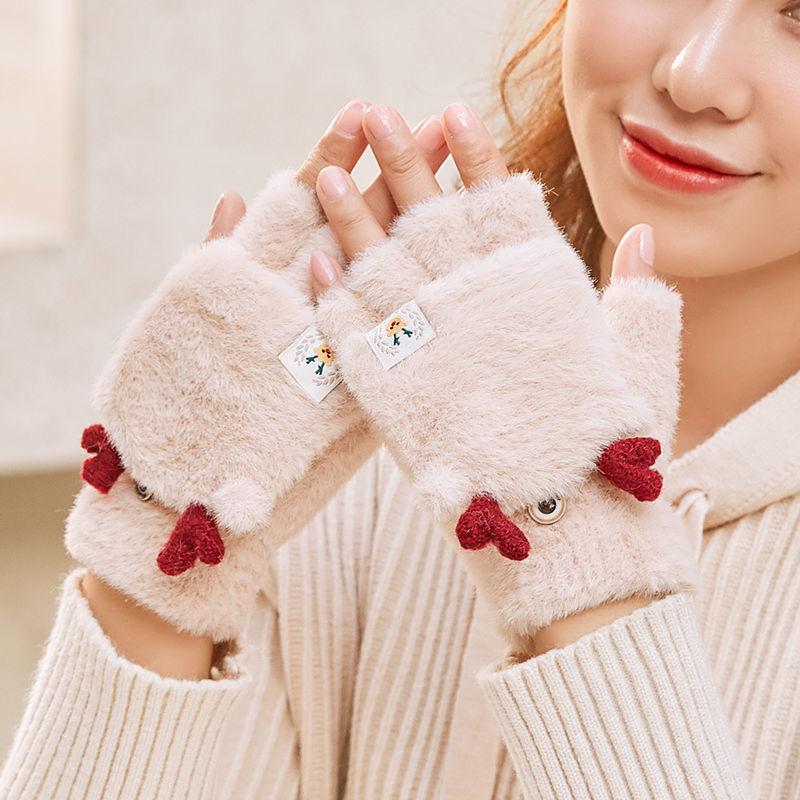 Antlers gloves female winter student flip half finger cute Korean version tide cartoon warm plush writing plush Christmas