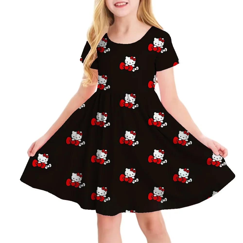 Sanrio New Summer Girls Dress Fashion Cartoon Cute Cinnamoroll &Hello Kitty 3D Printing Dress Kid Short Sleeve Princess Clothing
