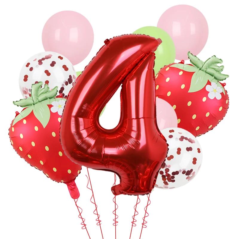 11Pcs 32inch Red 1-9 Years Old Digital Aluminum Film Strawberry Red Polka Dot Balloons Set Birthday Party Baby Shower Supplies