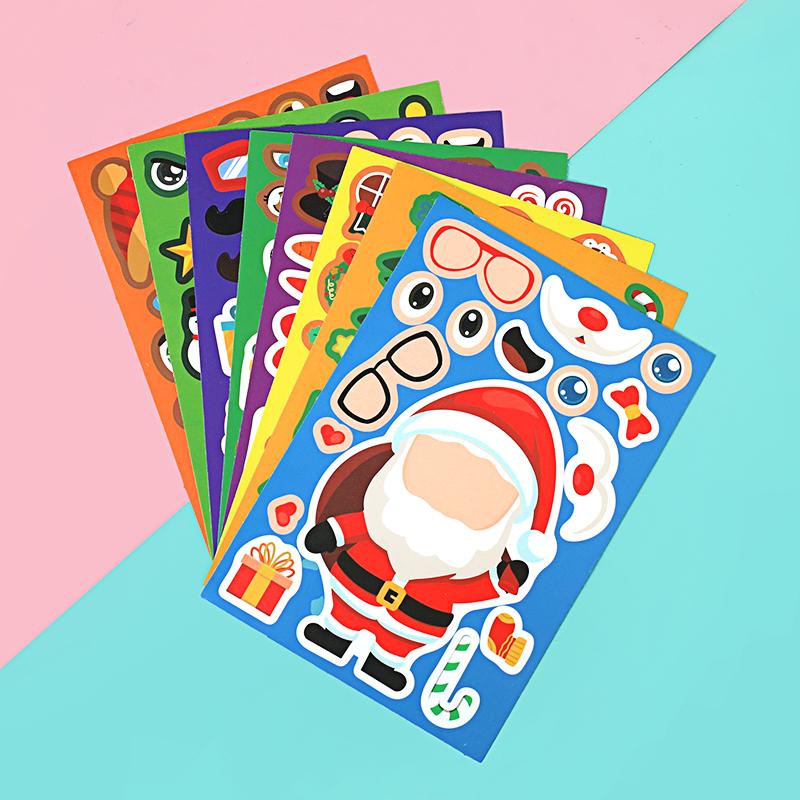 8/16Sheets Christmas Puzzle Stickers Santa Snowman Xmas Tree Make a Face Sticker Kids Party Favors Toy Gift New Year Decoration