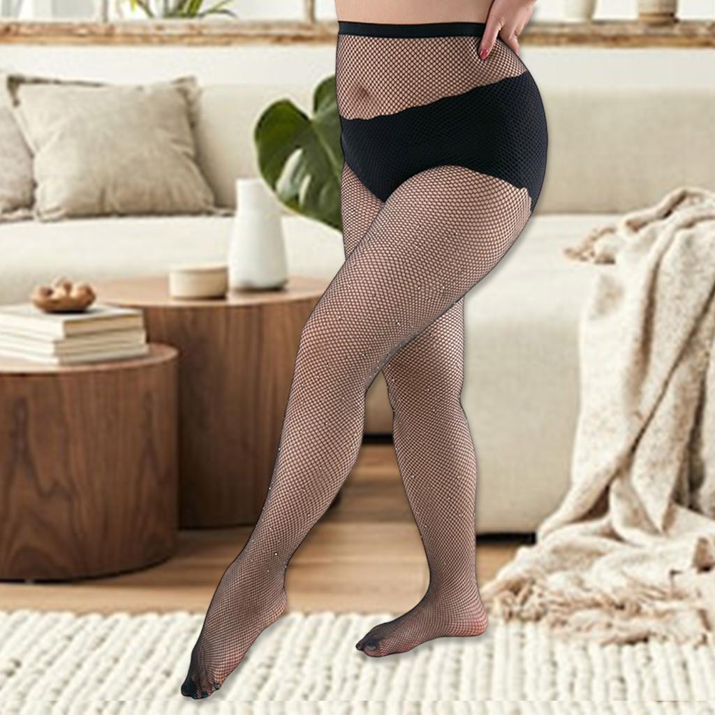 Women's Crystal Studded Mesh Stockings Large Size Breathable Nylon Fabric Fishnet Tights Rhinestones Pantyhose Stockings