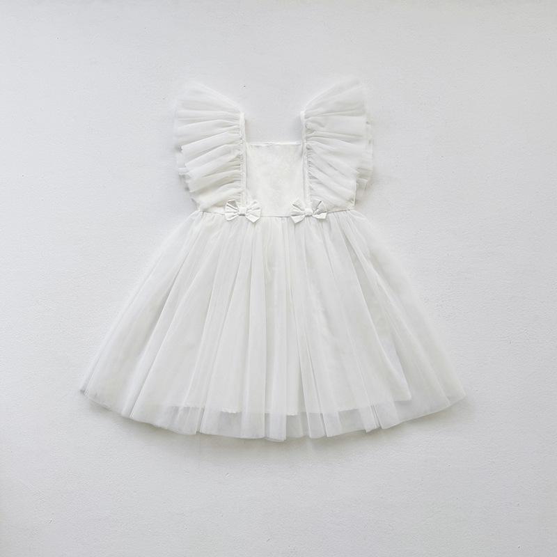 Trendy nadýchané tylové šaty léto 2025: Dívčí princeznovská síťovaná sukně s mašlí a krátkým rukávem