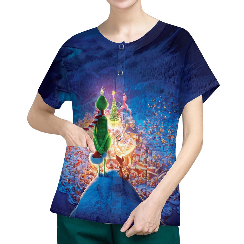 Women's Short Sleeved Patterned Pockets, Work Print Stand Up Collar, Single Breasted Protective Clothing, Cardigan Jacket, Top