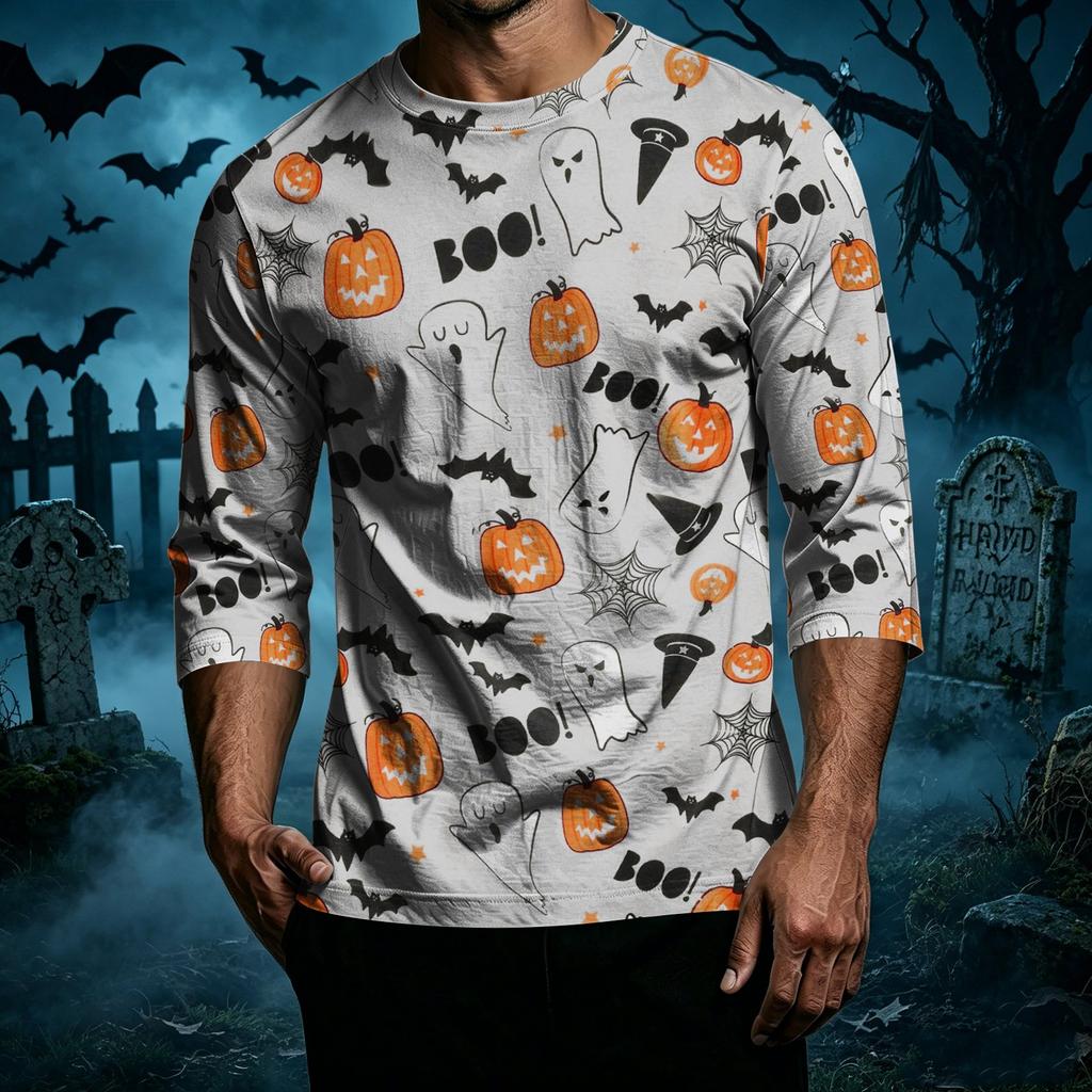 Men Casual Halloween Print Raglan Sleeve T Shirt Crew Neck Three Quarter Sleeve Top for Everyday Wear