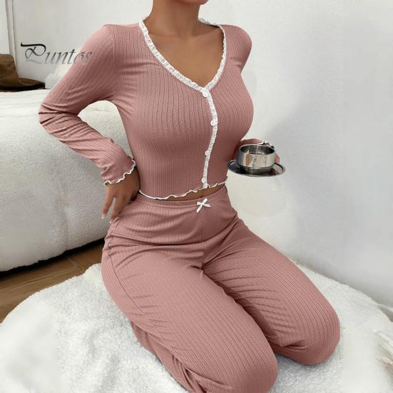 2 Adet/Takım Bahar Kadın Üst Pantolon Takım Uzun Kollu V Yaka Dantel Büzgülü Kenar Kırpılmış Üst Elastik Bel Pantolon Kıyafet Ev Giyim Pijama Takımı