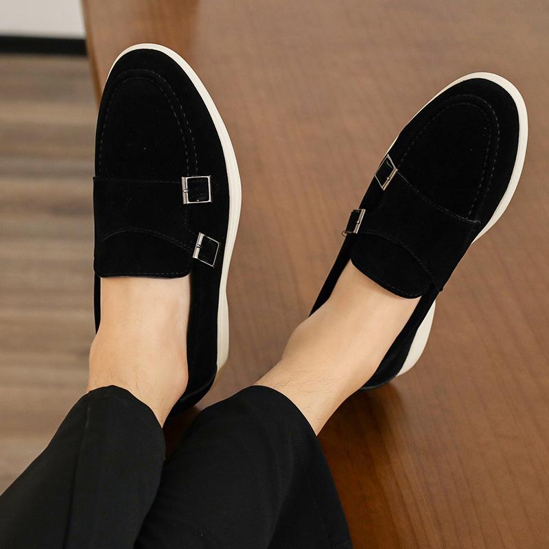 Fashion Suede Leather Men's Business Casual Shoes Handmade Double Buckle Loafers Leisure Slip on Flats Outdoor Male Driving Moccasins