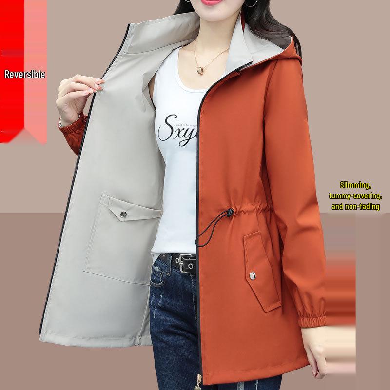 2025 New Women's Mid-Length Slimming Trench Coat, Belly-Covering, Double-Sided Wear, Short Jacket